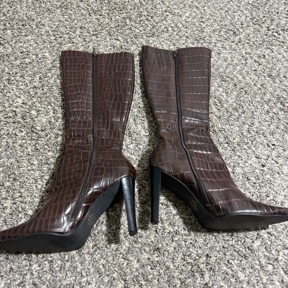 Vintage Leather Knee High Boots Brown Croc Pointed Toe Classic Old Money 7.5 B - Picture 2 of 6